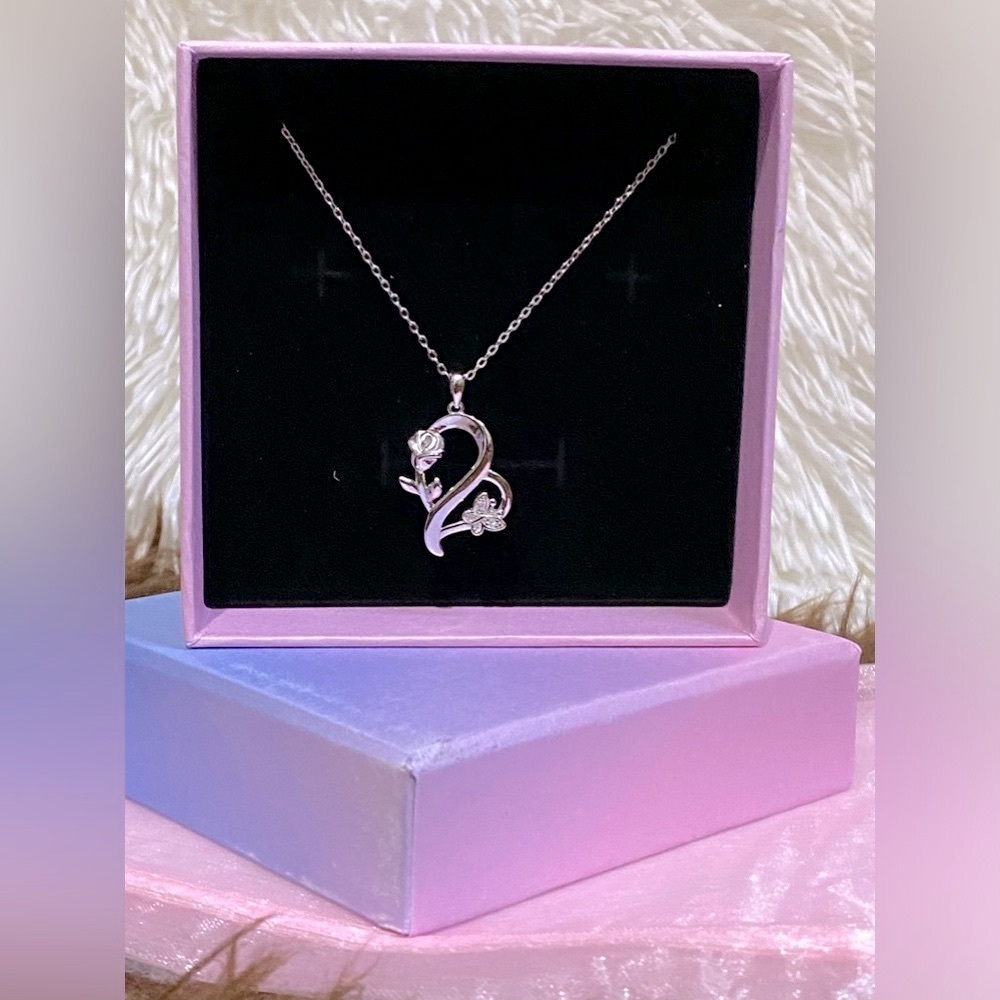 925 Sterling Silver Heart Rose Butterfly Pendant Necklace with Crystal Accents - Picture 7 of 15